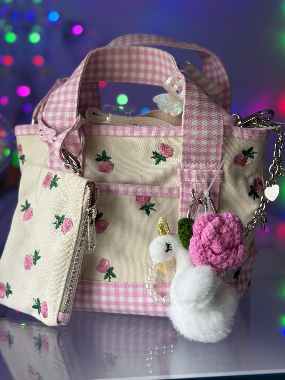 Madden girl coquette pink rose gingham princess swan charm bow crossbody tote